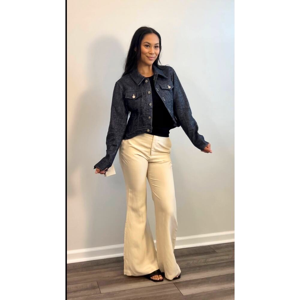 LVIR Wool Stitch Curved Hem Button Up Jacket in Blue Small Long Sleeve Pockets
